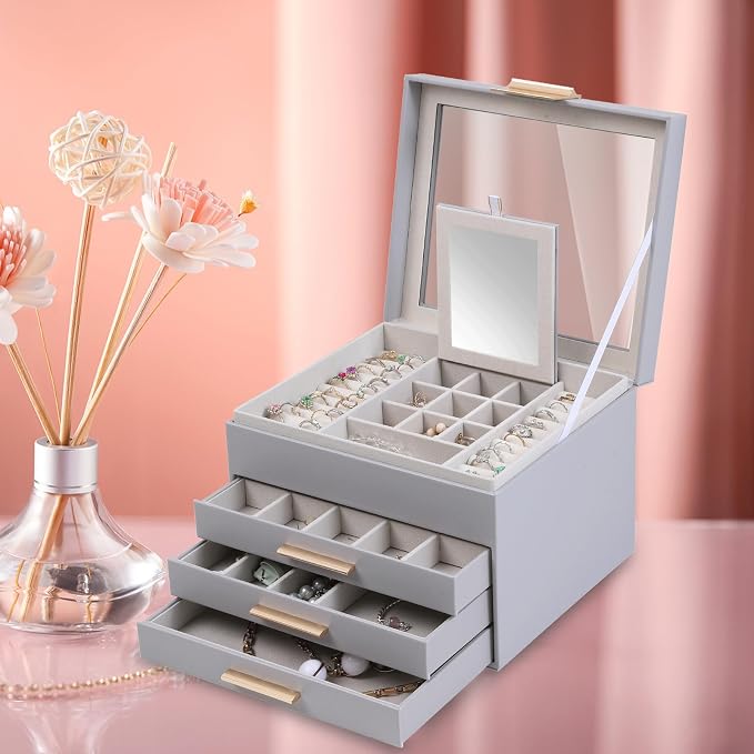 BOOVO Clear Lid Jewelry Box,3 Layers Jewelry Organizer Large Jewelry Storage Box with 2 Drawers,Jewelry Holder Organzier of Rings Earrings Necklace Bracelets for Women (Grey, 4 Layer) - Image 6