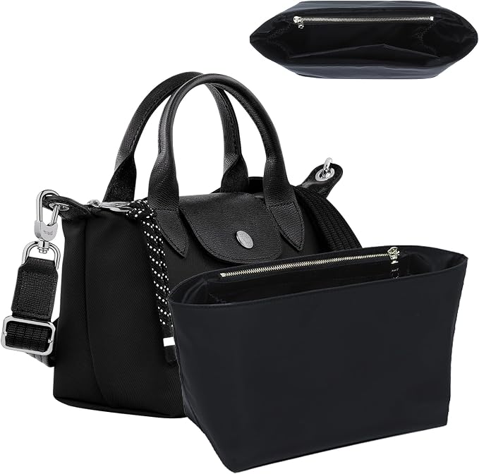 Soft Nylon Purse Organizer Insert for Longchamp Le Pliage Energy S Handbag,Lightweight Luxury Long Champ Small Handbag with Cup Holder,Zipper Bags Inner Linner with 7 Deepened Pockets,S/Black by OAIKOR