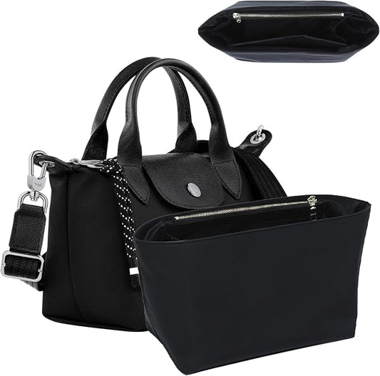 Soft Nylon Purse Organizer Insert for Longchamp Le Pliage Energy S Handbag,Lightweight Luxury Long Champ Small Handbag with Cup Holder,Zipper Bags Inner Linner with 7 Deepened Pockets,S/Black by OAIKOR