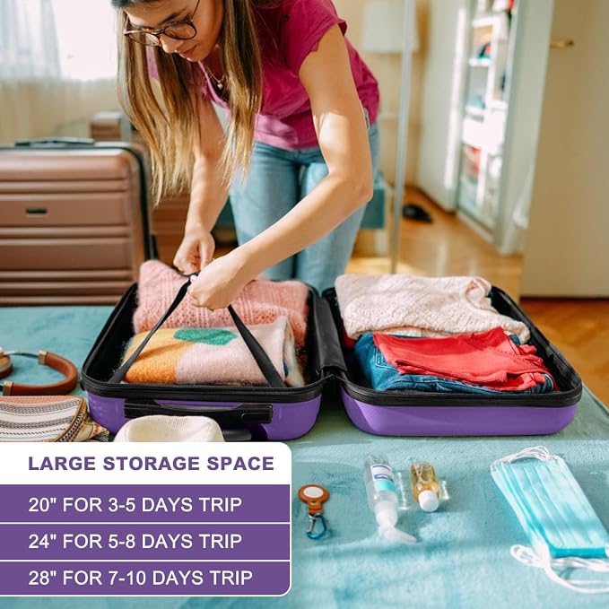 Kono 24 Inch Luggage Suitcase with Spinner Wheels TSA Lock | Lightweight PC+ABS Hardside Medium Checked Luggage Durable Rolling Suitcase Purple - Image 5