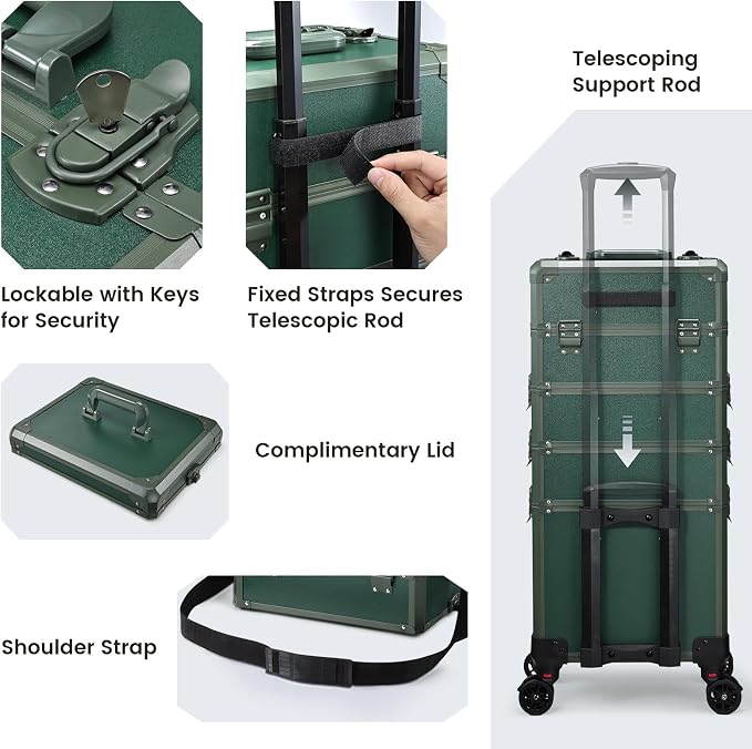 Rolling Makeup Case Makeup Train Case with Lid 5 in 1 Cosmetology Case on Wheels Cosmetic Trolley Organizer Large Makeup Organizers Case Profesional Cosmetic Case for Salon Barber Nail Beauty, Green - Image 7