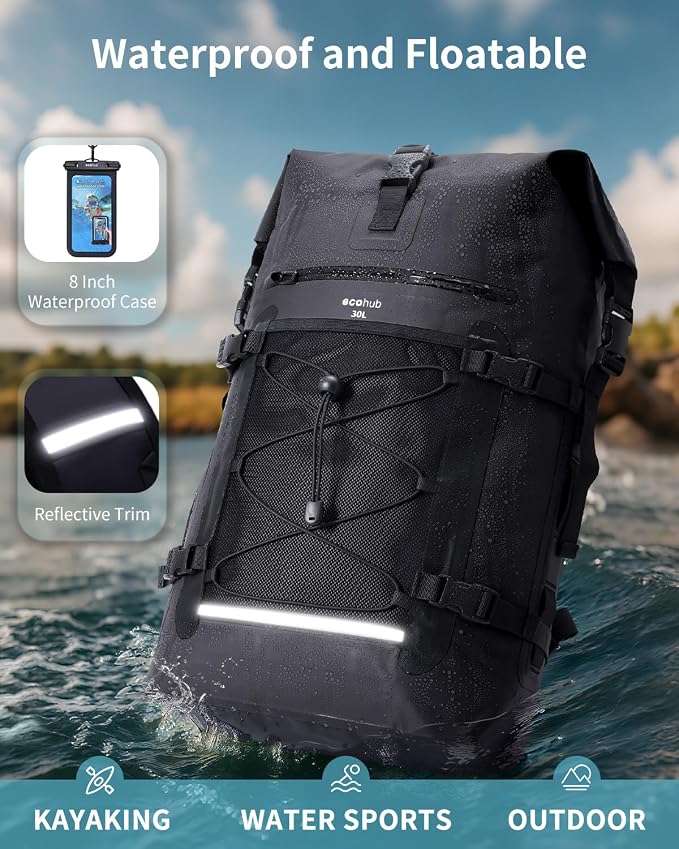 ECOHUB Waterproof Backpack for Women Men, 30L Roll-Top Closure Heavy Duty Dry Bag for Travel with IPX8 Waterproof Phone Case - Image 5