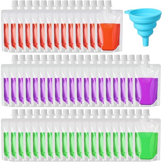 Patelai 150 Pieces Plastic Liquid Pouch Reusable Juice Pouches Travel Water Leak Proof Bags Bulk with Collapsible Silicone Funnel for Travel Outdoor (3 oz) by Patelai
