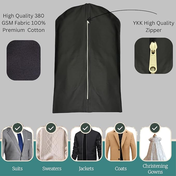 Premium 100% Cotton Garment Bags – 60" Black Canvas Suit Cover with YKK Zipper – Breathable, Dust-Proof Storage for Suits, Coats, Dresses, Jackets & Travel/Closet Use - Image 3