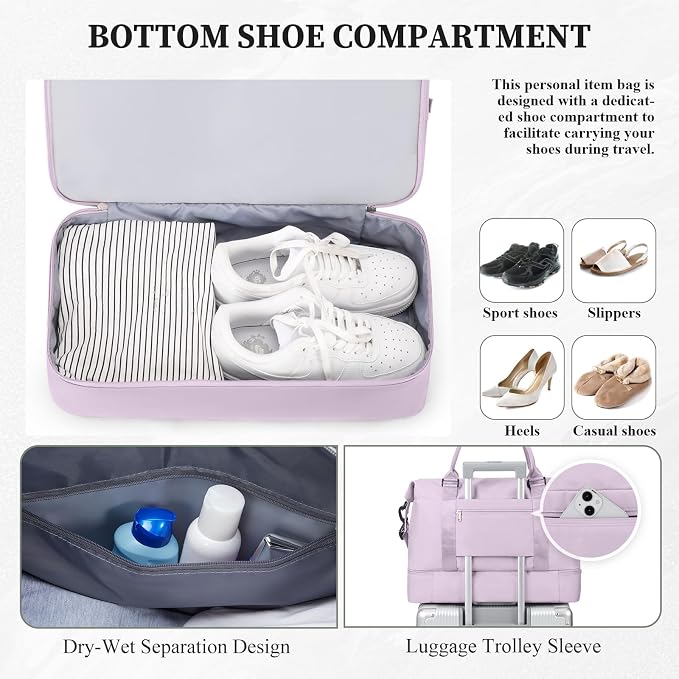 Weekender Bags for Women,Personal Item Travel Bag with Shoes Compartment | Overnight Travel Duffel Bag with Grid Toiletry Bag,Carry-On Bag - Image 5