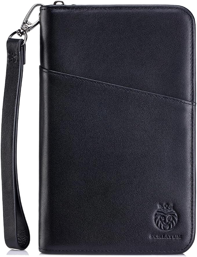 Passport Holder for Travel Family with Strap Genuine Leather RFID Blocking Travel Document Organizer Wallet with Pen Holder, Black by SCHLATUM