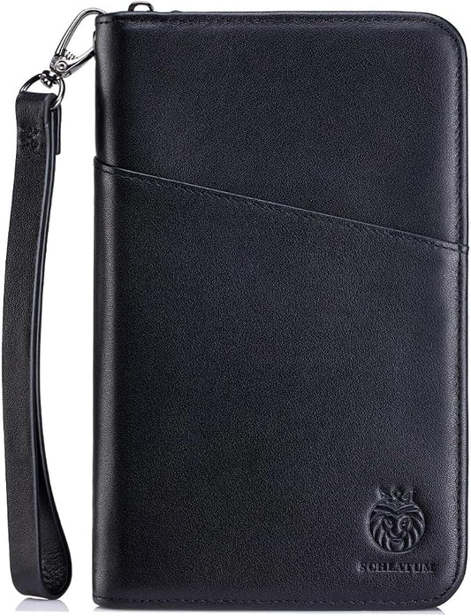 Passport Holder for Travel Family with Strap Genuine Leather RFID Blocking Travel Document Organizer Wallet with Pen Holder, Black by SCHLATUM