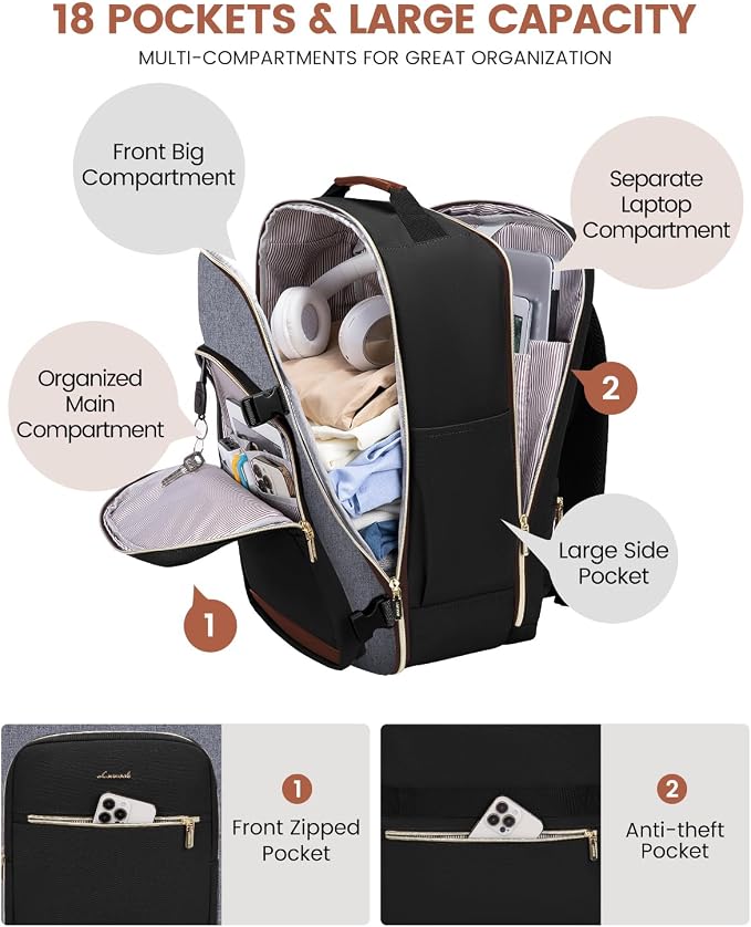 LOVEVOOK 50L Travel Backpack for Women & Men, Airline Approved Carry On Luggage with 3 Packing Cubes, TSA Overnight Bags, Waterproof Personal Item Bag, Weekender Essentials Backpacks fits 17" Laptop - Image 4