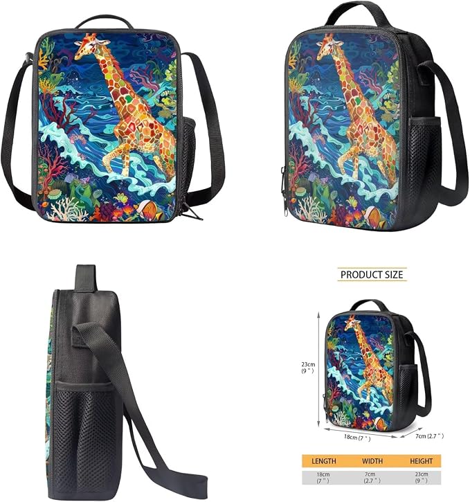 17 Inch Animal Print School Backpack And Lunch Box Set for Kids Lightweight Sea Grass Giraffe Backpack for Boys Girls Sturdy School Bag with Insulated Lunchbox Pencil Case Student Bookbag - Image 5