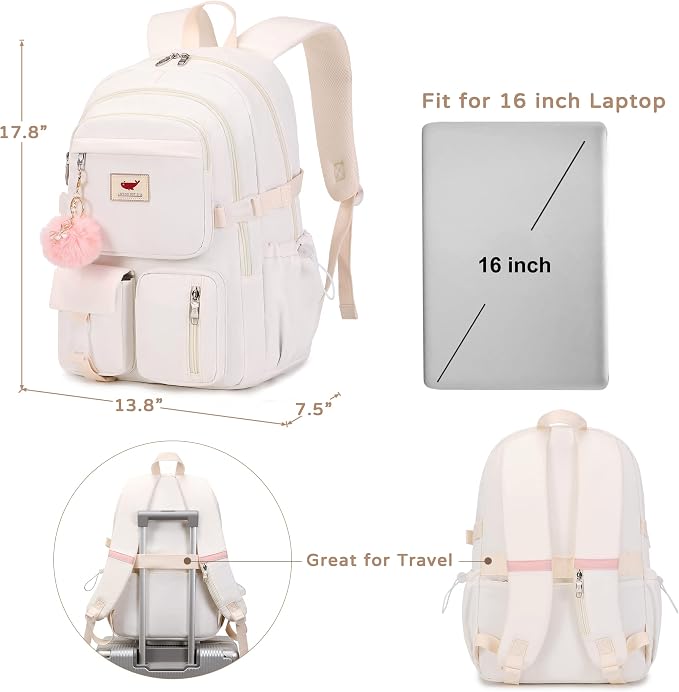 Laptop Backpack 15.6 Inch Elementary Middle High School Bag College Backpacks with Lunch Box Pencil Pouch 3 PCS Set Travel Bookbags for Teens Girls Women Students (Off-white) - Image 5
