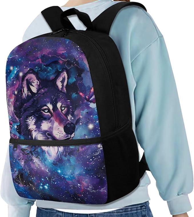 Galaxy Wolf Backpack for Girls Kids Backpack with Lunch Box Water Bottle Pouch and Soft Pencil Case 4PCS Set Bookbag with Front Pocket for School 17 inch Large School Bag for Elementary Girls - Image 2