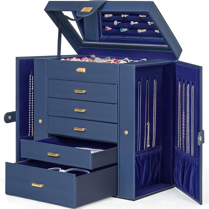 AKOZLIN 6-Tier Jewelry Box Organizer Functional 5 Drawers Leather Jewelry Storage Case for Women Girls Ring Necklace Earring Bracelet Holder Organizer with Mirror Extra Large Blue - Image 7