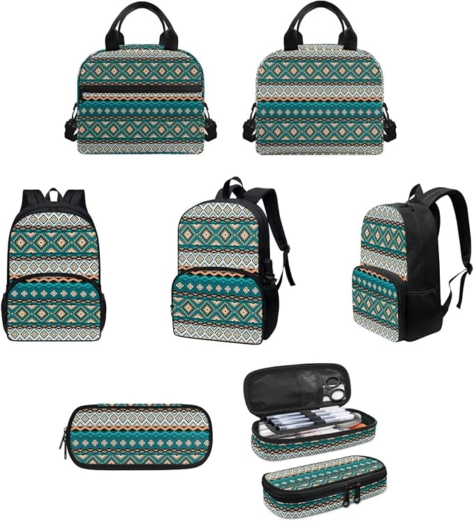 Turquoise Tribal Aztec Backpack with Lunch Box and Pencil Case Girls Comfy Padded Cute School Backpack Set of 3 Bookbag for Student Lightweight Large Capacity Daypack - Image 3