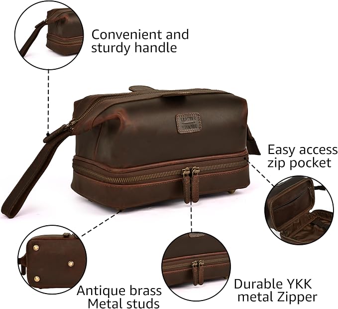 LEATHER VILLAGE Genuine Leather Dopp Kit – Large Travel Toiletry Bag with Waterproof Lining, Dual-Zip Design for Men & Women, Organizer for Shaving, Makeup & Essentials - Cherry - Image 3