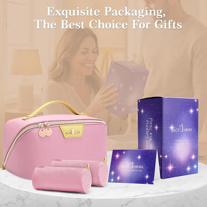 Travel Makeup Bag for Women: 3-in-1 Large Capacity Cosmetics Organizer with 2 Detachable Pouch - Vegan Leather Flat Open Toiletry Bag - Travel Essentials for Full-Sized Bottles(02-Pink) - Image 7