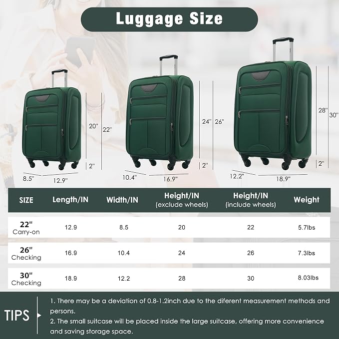 Merax Softside Luggage Set Softshell Lightweight 3 Piece Spinner Suitcase | Travel Suitase with TSA Lock Spinner Wheels Lightweight Upright Luggage,Dark Green - Image 3