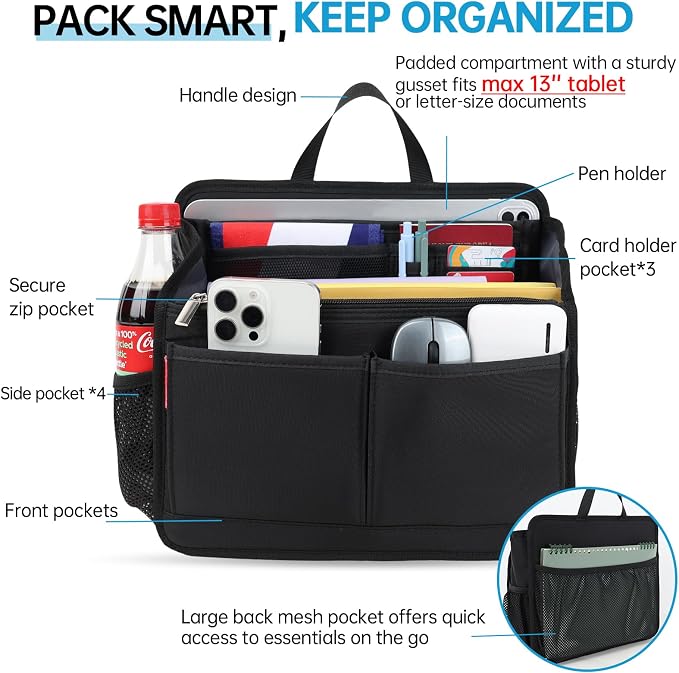 Small Rugged Organizer Insert for Briefcase Tote Shoulder Messenger Bag-19 Pockets,Padded Water-repellent Nylon-Black - Image 4