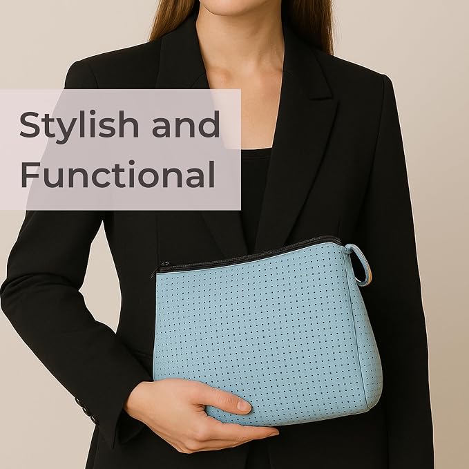 POPUPS Large Makeup Bag with Zipper - Waterproof Neoprene Cosmetic Bag 7.7 x 10.75 x 5 inches - Pouch Sky Blue - Image 7
