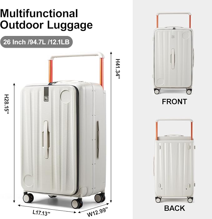 Hanke Multifunctional 26 Inch Checked Luggage Hard Shell Suitcases with Wheels Travel Trunk Style Luggage Large Rolling Suitcase for Women Men(Ivory White) - Image 3