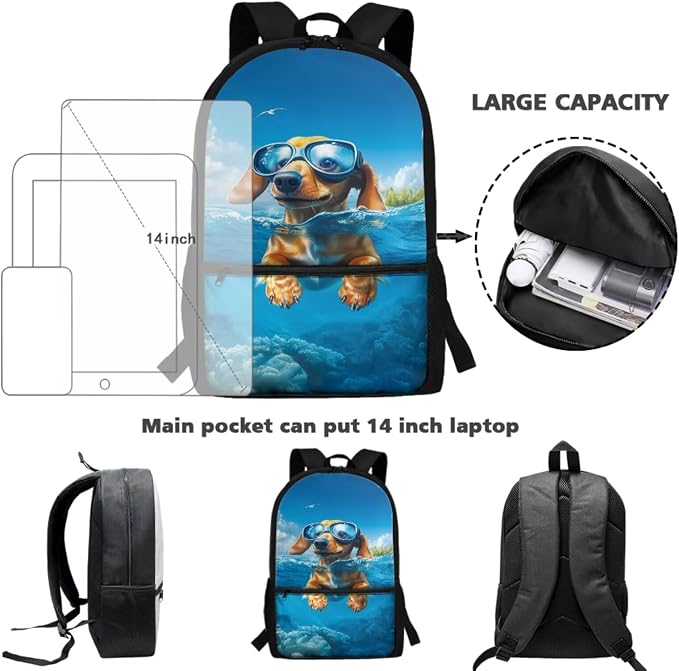 3D Dachshund Backpack for Boys Elementary School Backpack with Lunch Box Pencil Case Water Bottle Cover Bookmark Toddler School Bag Set 5 in 1 Back to School - Image 4
