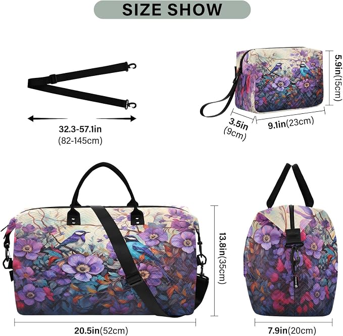 Birds under The Purple Flower Travel Duffle Bag Gym Yoga Carry on Bags for Men Women Weekender Bag - Image 3
