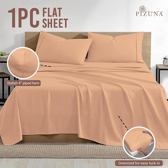 Pizuna Pure 100% Cotton Flat Sheets Only Full Peach (1 PC), Luxurious 400 Thread Count Long Staple Cotton Sateen with 4" Hem (Combed Full Flat Sheet Only Cotton) - Image 3