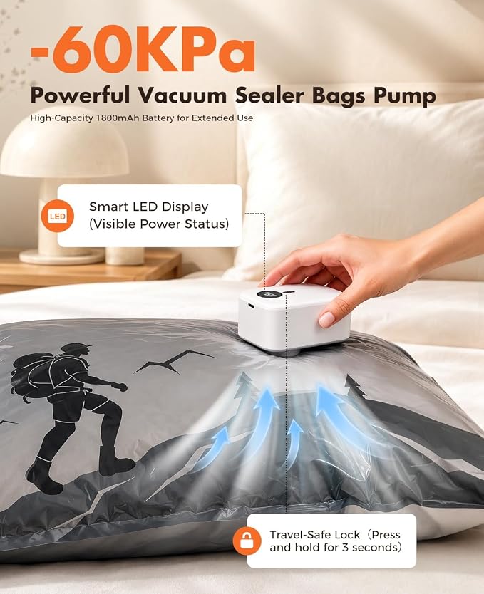 Vacuum Storage Bags with Electric Pump, 60kPa Professional Suction Vacuum Seal Bags for Clothing and Bedding, Travel Vacuum Bags with Portable Cordless Pump, Space Saver Bags 15 Jumbo Set - Image 2