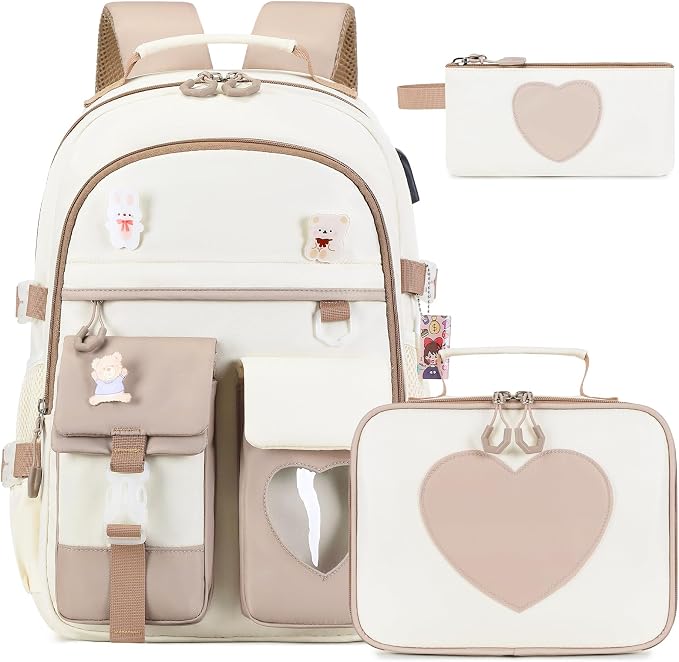 ACESAK Backpack for Girls - Bookbag Backpacks Schoolbag for Girls Kids Teen Women Casual Travel Daypacks - School Bag Elementary Middle School College Cute Backpack with Lunch Box (Khaki White) by ACESAK