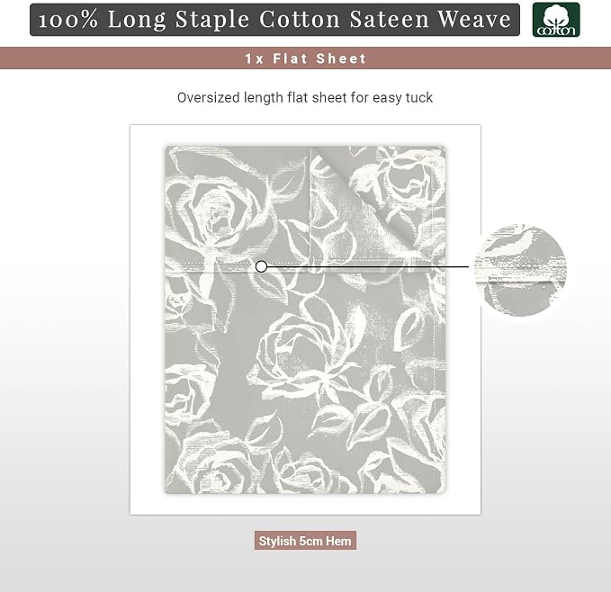 Pizuna Pure 100% Cotton Flat Sheets Only Queen Silver Simply Floral (1 PC), Luxurious 400 Thread Count Long Staple Cotton Sateen with 4" Hem (Combed Queen Flat Sheet Only Cotton) - Image 3