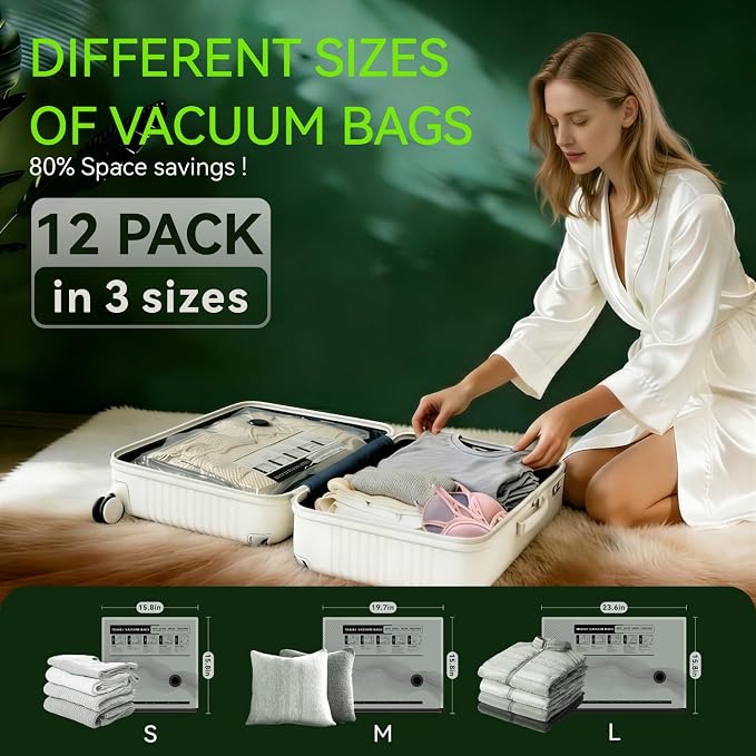 Vacuum Bags for Travel - USB Electric Pump, 12 Pack Carry-on Size Vacuum Seal Bags for Clothing - Space Saver Vacuum Storage Bags for Luggage, Travel Essentials. - Image 3