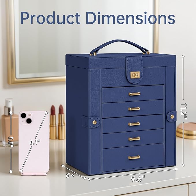 AKOZLIN 6-Tier Jewelry Box Organizer Functional 5 Drawers Leather Jewelry Storage Case for Women Girls Ring Necklace Earring Bracelet Holder Organizer with Mirror Medium Blue - Image 4