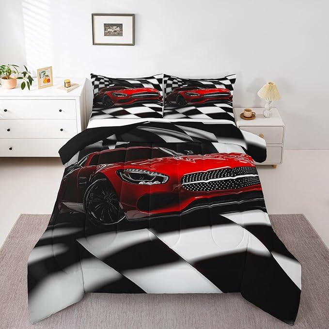 Erosebridal Teen Race Car Comforter Set For Boys King Size Extreme Sports Car Bedding Set,Black White Checkered Grid Comforter Retro Red Cool Vehicle Automobile Quilt Duvet 2 Pillow Cases by Erosebridal