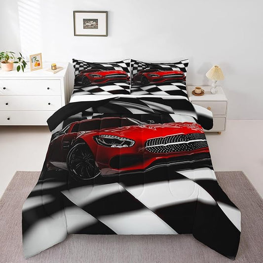 Erosebridal Teen Race Car Comforter Set For Boys King Size Extreme Sports Car Bedding Set,Black White Checkered Grid Comforter Retro Red Cool Vehicle Automobile Quilt Duvet 2 Pillow Cases by Erosebridal