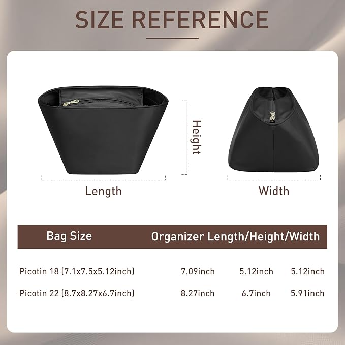Doxo Satin Fabric Picotin 22 Bag Insert - Premium Purse Organizer for Picotin 22 with Zipper Closure and Keychain, Lightweight & Discreet Inner Liner, Fits Picotin 22 Luxury Totes(PC22, Black) - Image 2
