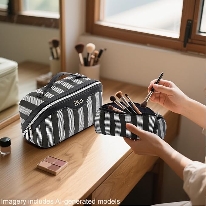 BOYATU Travel Makeup Bag Cosmetic Bag for Women: 3 Pcs Set Striped Make up Bag with Compartments - Waterproof Vegan Leather Toiletry Bag with Handle - Makeup Organizer for Travel Essentials(A-4-Black) - Image 7