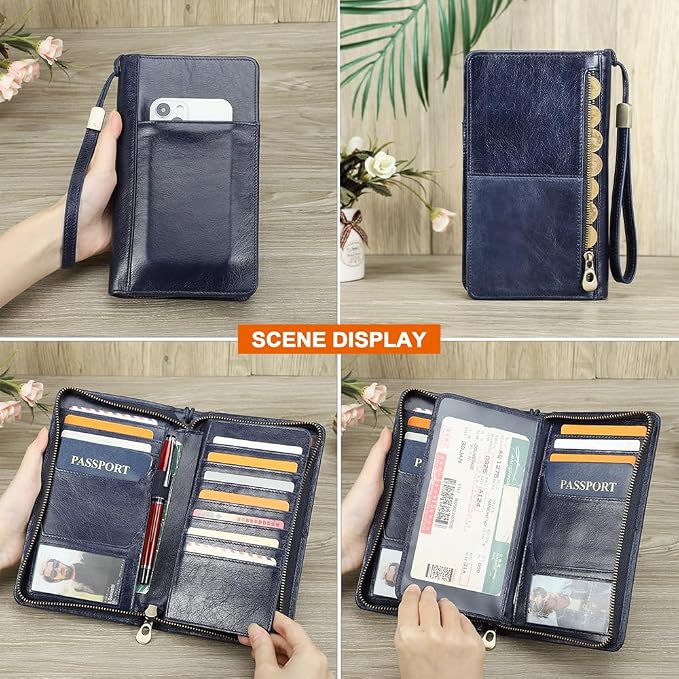 CONTACTS Passport Wallet Leather Family Passport Holder for 4 Travel Documents Organizer RFID Blocking Zipper Blue Card Wallet with 13 Card Slot - Image 6