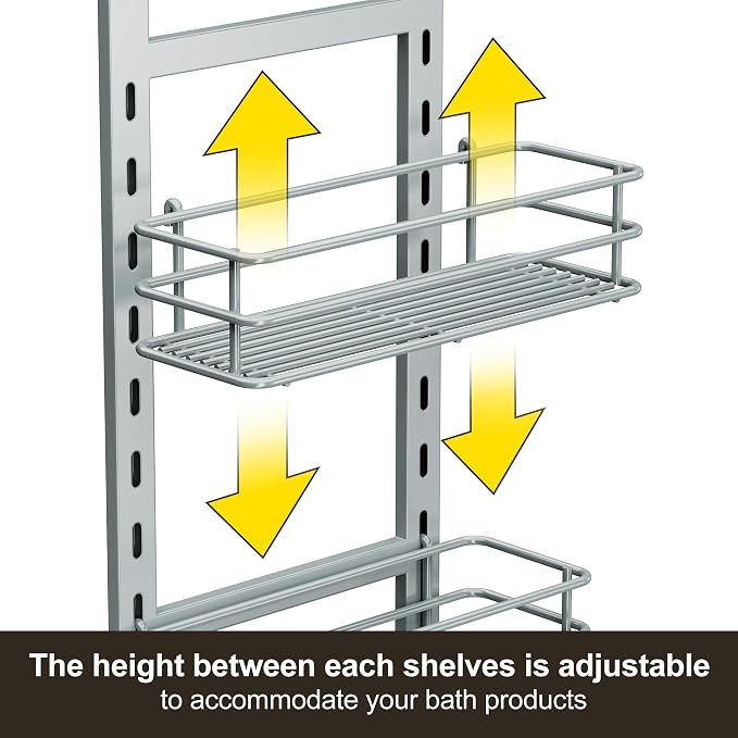 Orimade Adjustable Anti-slip Shower Caddy Overhead, Rustproof Hanging Shower Organizer With 2 Razor Hooks - No Drilling, 3-Tier Shelves, Silver Grey - Image 4