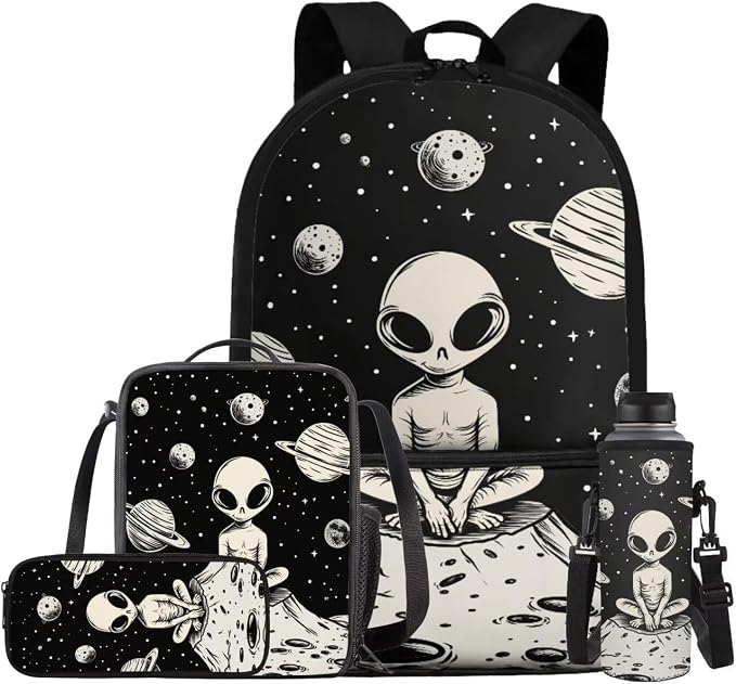 Space Alien Backpack Set with Lunch Box, Water Bottle Pouch, and Pencil Case for Boys & Girls, 17" Large School Bag by ELEDIZI