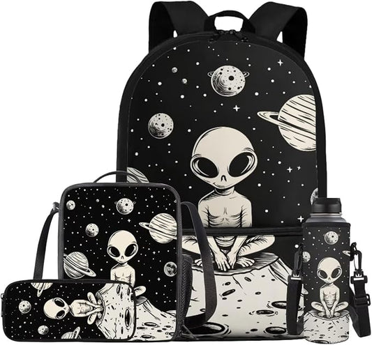Space Alien Backpack Set with Lunch Box, Water Bottle Pouch, and Pencil Case for Boys & Girls, 17" Large School Bag by ELEDIZI