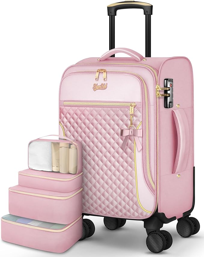 Carry On Luggage 22x14x9 Airline Approved, 20 Inch Softside Suitcase with 4 Pcs, Lightweight Luggage for Women with TSA Lock and 4 Spinner Wheels, Soft Side Carry-on Suitcases for Travel, Pink by TagerTrek
