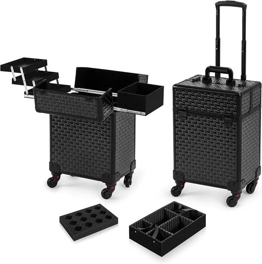 Arous Rolling Train Makeup Case Cosmetology Case on Wheels, Black | Cosmetic Travel Trolley 4 Tray with Sliding Rail Removable Middle Layer with Key Salon Barber Case Traveling Cart Trunk by Unknown