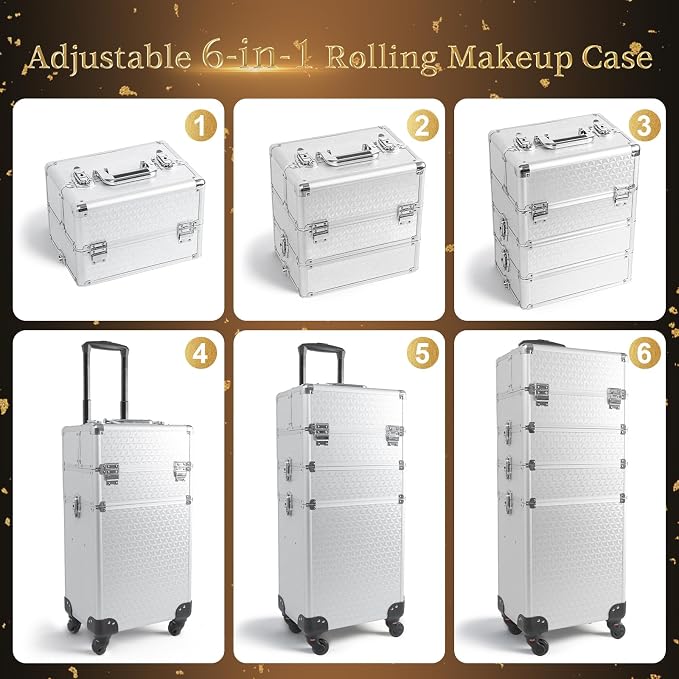 4 in 1 Makeup Train Case - Professional Cosmetology Case on Wheels, Large Transformable Makeup Train Case & Barber Case, Portable rolling makeup case & Makeup Cart, Silver - Image 5