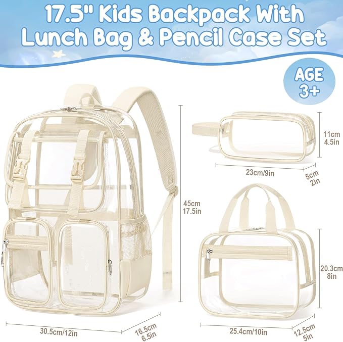 Fimibuke Clear Backpack for Girls - 3 PCS Heavy Duty Kids Clear Bags Schoolbag Large Transparent PVC Bookbag with Lunch Box Pencil Case Set for Travel School Concert Stadium Events Backpacks - Image 2