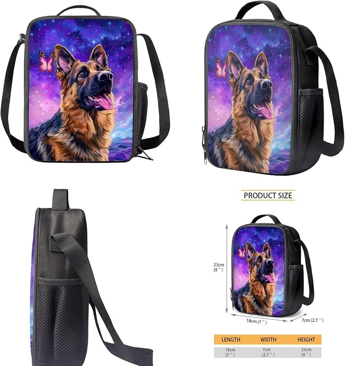 German Shepherd Backpack with Lunch Box Galaxy Bookbags for 1st Grade Girls 4-6/6-8 Butterfly Elementary School Back Pack Lunch Bag Pencil Case Water Bottle Holder 4 in 1 Set Book Bags - Image 5