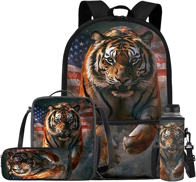 American Flag Tiger Backpack for Kids Boys Backpack with Lunch Box Water Bottle Holder and Soft Pencil Pouch 4PCS Set Lightweight Bookbag with Front Pocket 17 inch Large Capacity School Bag by ELEDIZI