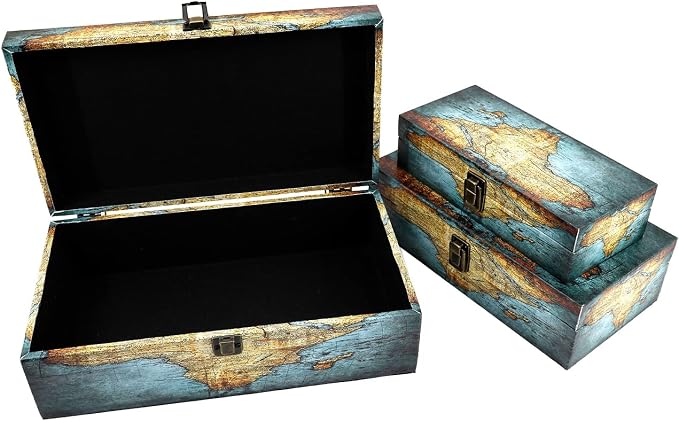 Jolitac Wood Storage Box Set of 3, Vintage Decorative Nesting Boxes Wooden Treasure Storage Crates With Latch, Home Decor Rustic Antique Boxes With Lid for Photos, Jewelry, Cash (Rectangle- Map) - Image 3