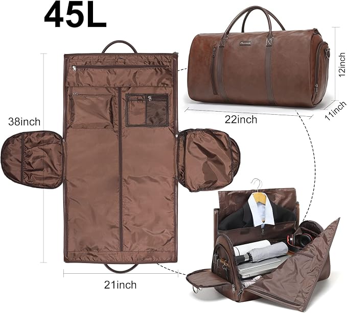 Modoker Convertible Leather Garment Bag, Carry on Garment Bags for Travel, Garment Duffel Bag, Gifts for Men Women Business Waterproof Suitcase Suit Travel Bags, Brown - Image 6