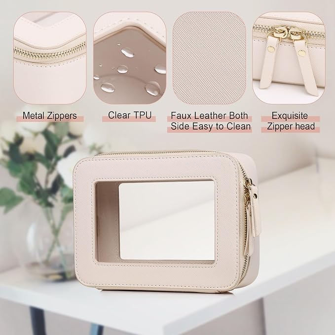 Pinkmik Clear Makeup Bag for Women Waterproof Travel Cosmetics and Toiletries Case Portable Makeup Oaganizer Bag Clear Car Bag with Zipper (Beige, M) - Image 5