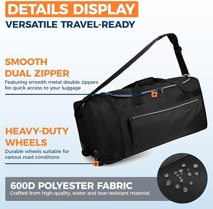 Uarition 70L Foldable Rolling Duffle Bag with Wheels, 28” Large Duffle Bag for Travel, Carry On Luggage Duffel Bag for Traveling/Camping/Moving, Water Resistant, Black - Image 5