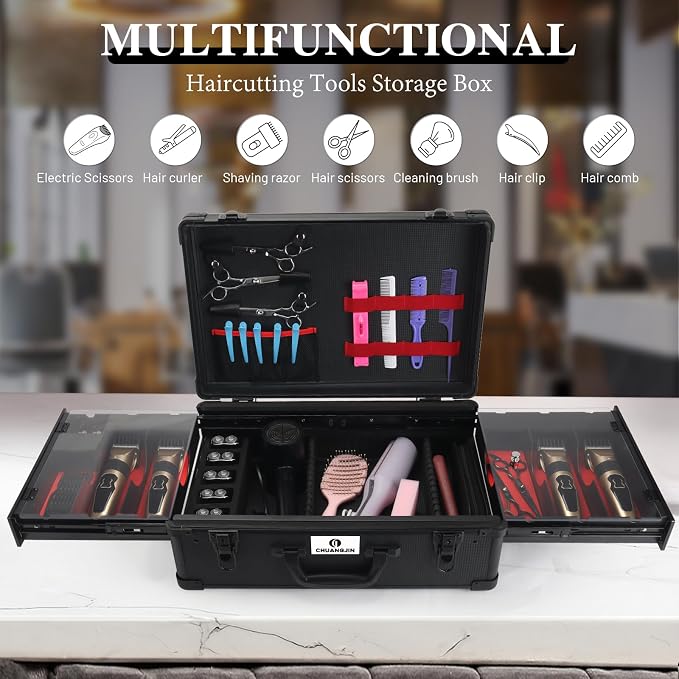 Large Barber Case Organizer, Professional Barber Briefcase with 6 Clipper Slots & 8 Shear Holders, Sliding Tray, 20" Aluminum Barber Carrying Tool Case for Clippers, Scissors, Trimmers & Supplies - Image 3